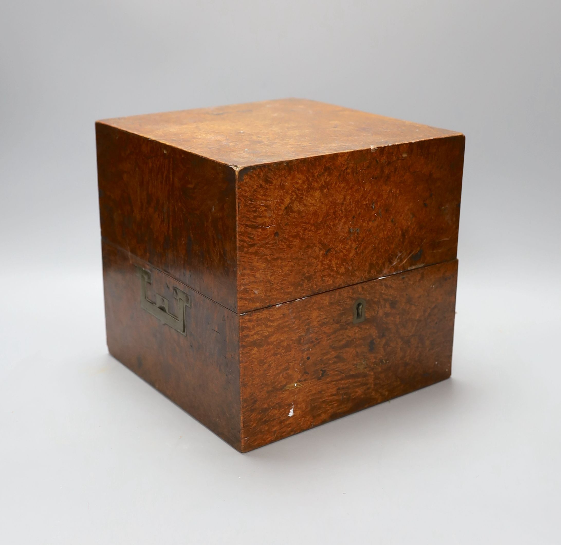 A 19th century amboyna box, 22cm wide, a Sestrel ship's wall clock, no key - 20cm diameter, a large plated two-handled tray - 71cm long, Vintage Ogden Smith fishing reel together with another (5)